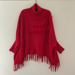 P Luca Milano Red Knit Sweater/Pancho Cape Knit Fur Accent